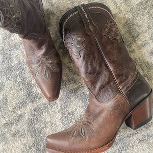 Tony Lama Brown Leather Western Boots with Teal Accents